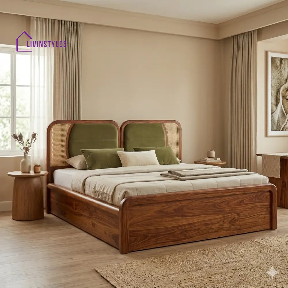 Timur Premium Sheesham Wood Bed with Velvet Headboard