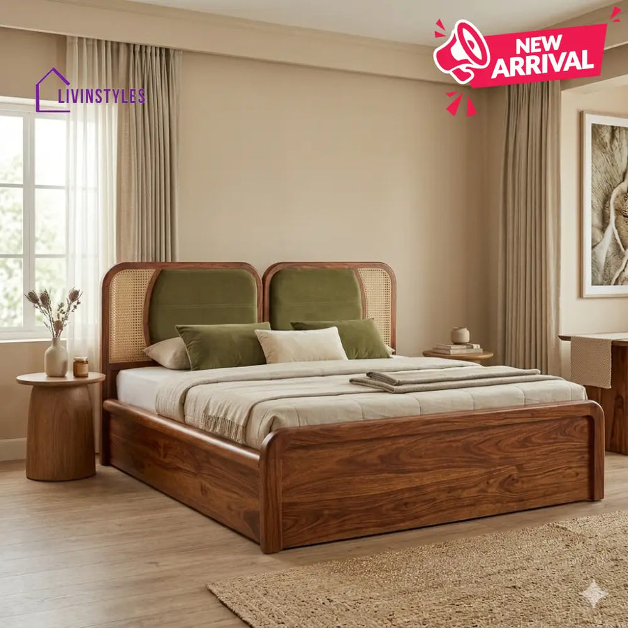 Timur Premium Sheesham Wood Bed with Velvet Headboard