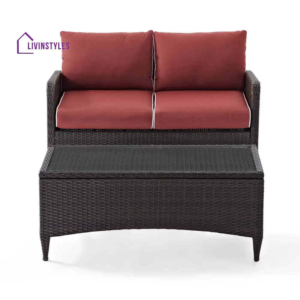 Tino Outdoor 2 seater Sofa and 1 Center Table (Dark Brown + Red) - Sofa Sets
