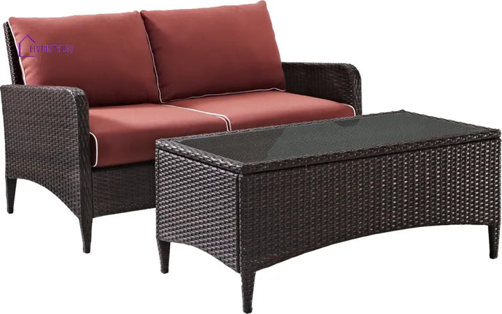 Tino Outdoor 2 seater Sofa and 1 Center Table (Dark Brown + Red) - Sofa Sets
