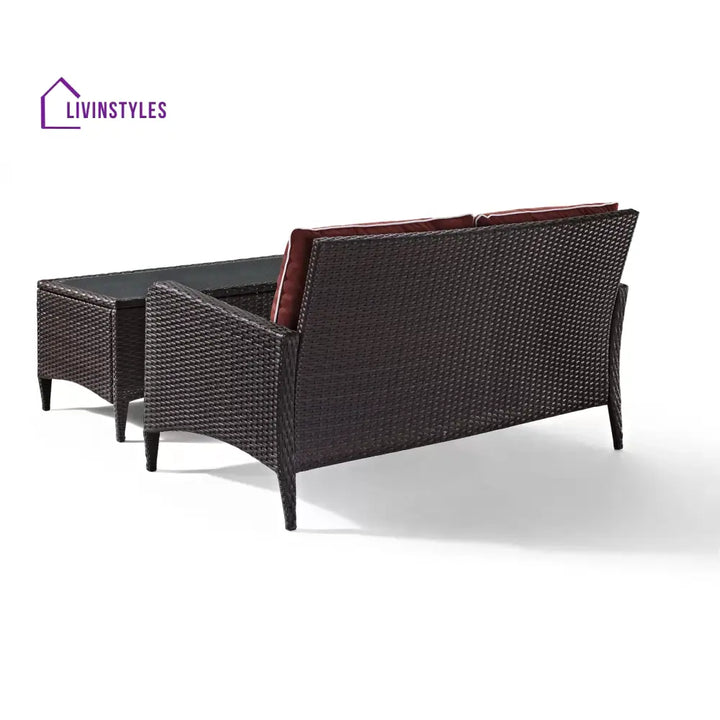Tino Outdoor 2 seater Sofa and 1 Center Table (Dark Brown + Red) - Sofa Sets
