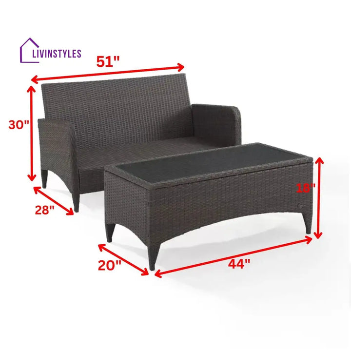 Tino Outdoor 2 seater Sofa and 1 Center Table (Dark Brown + Red) - Sofa Sets