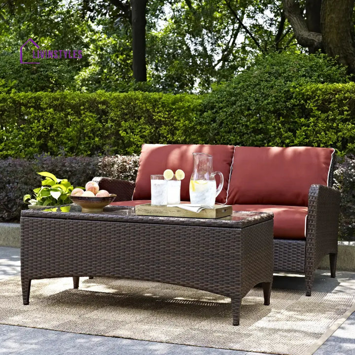 Tino Outdoor 2 seater Sofa and 1 Center Table (Dark Brown + Red) - Sofa Sets