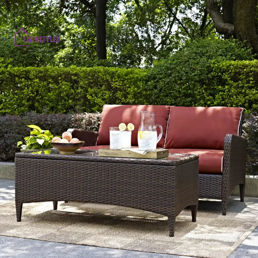 Tino Outdoor 2 seater Sofa and 1 Center Table (Dark Brown + Red) - Sofa Sets