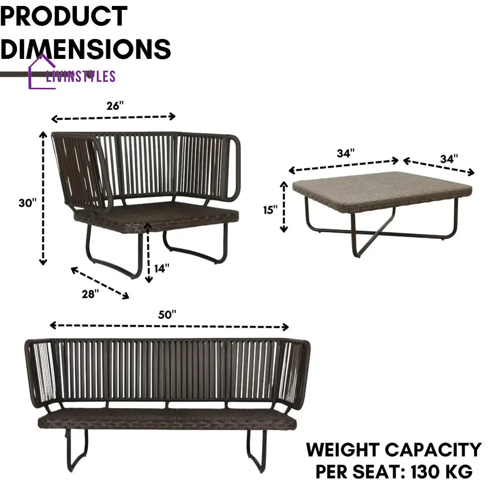Tinsley Outdoor Rope 4-Piece Patio Sofa Set with Wicker Top Table (Brown & White) - Sofa Set