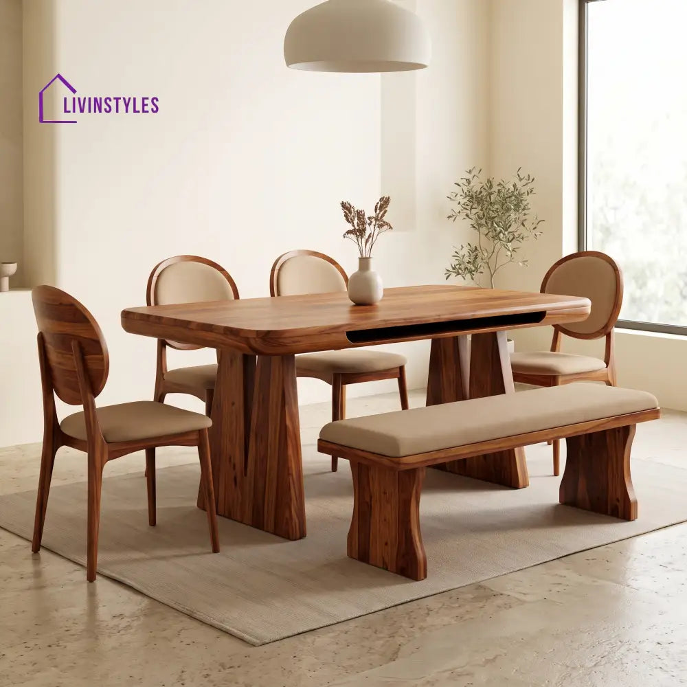 Titi Wooden 6 Seater Dining Table Set | 4 Chairs and 1 Bench | Table 72 X 36 X 30 Inch
