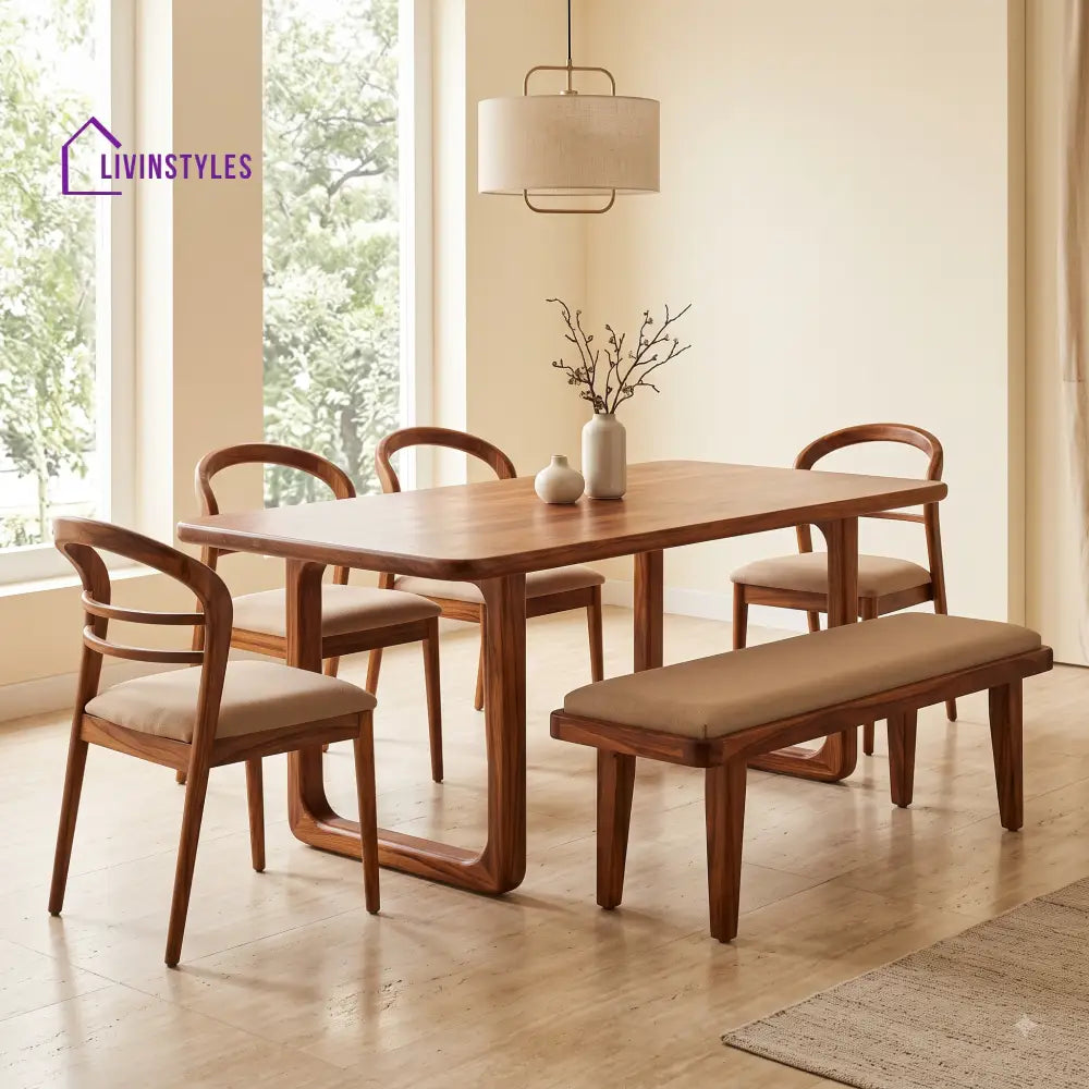 Titilayo Wooden 6 Seater Dining Table Set | 4 Chairs and 1 Bench | Table 72 X 36 X 30 Inch