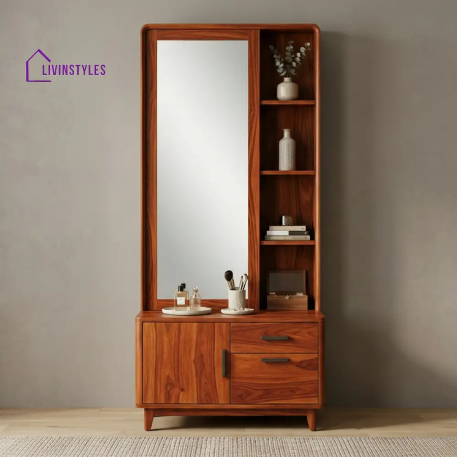 Toby Sheesham Wood Dressing Table with Mirror and Storage (Honey Finish)