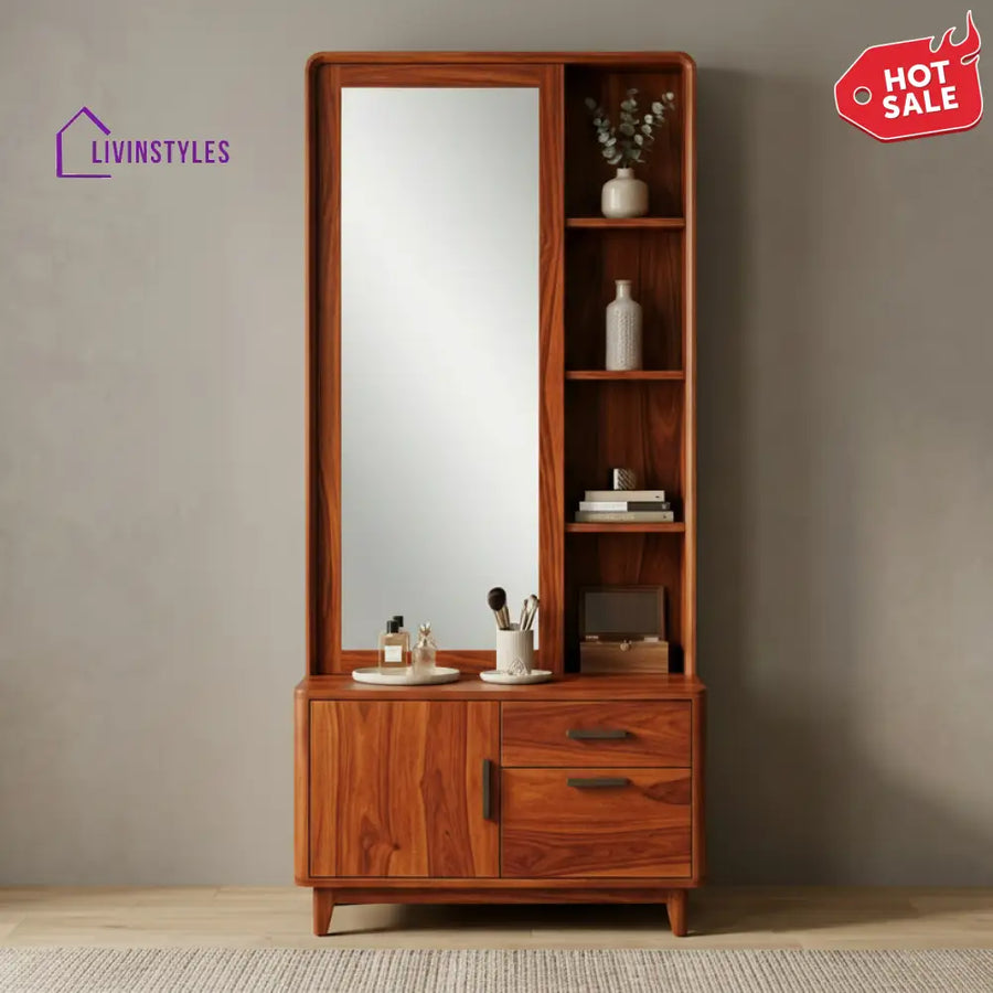 Toby Sheesham Wood Dressing Table with Mirror and Storage (Honey Finish)