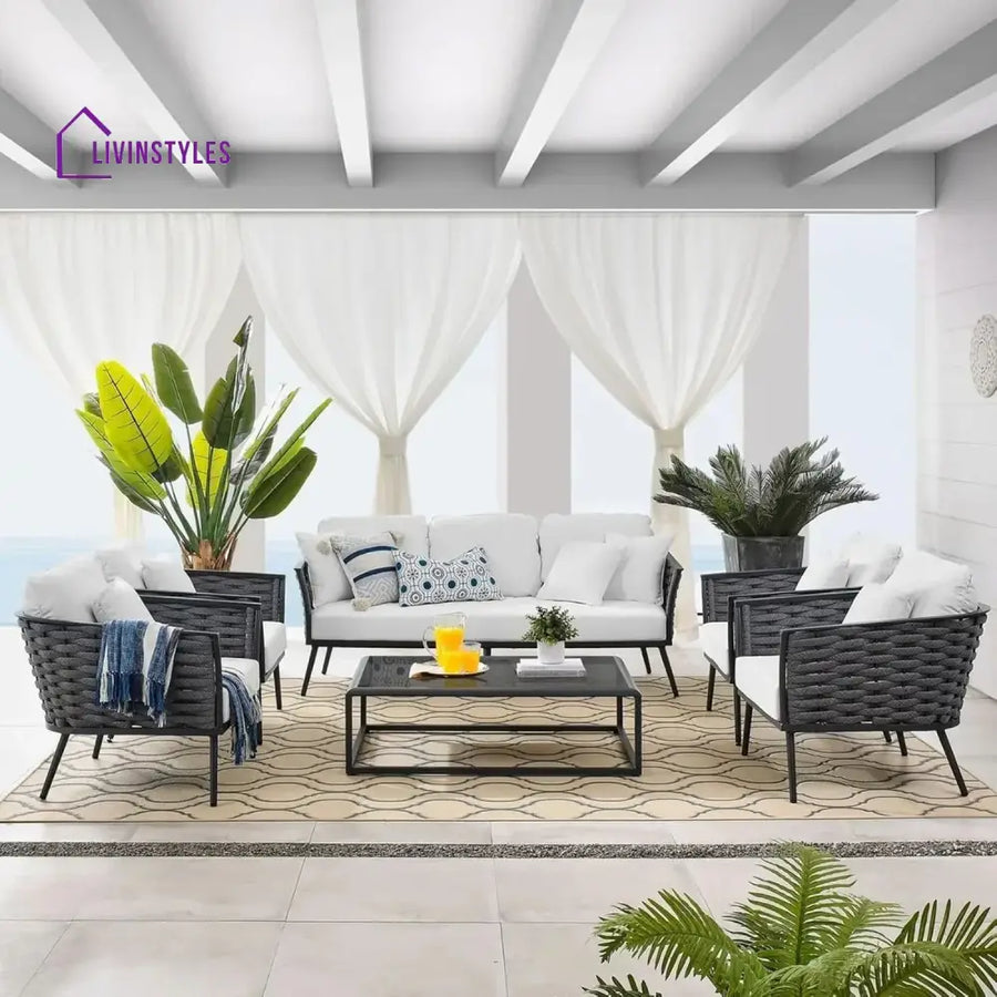 Tomoko 6-Piece Outdoor Rope Sofa Set (Grey & White) - Sofa Set