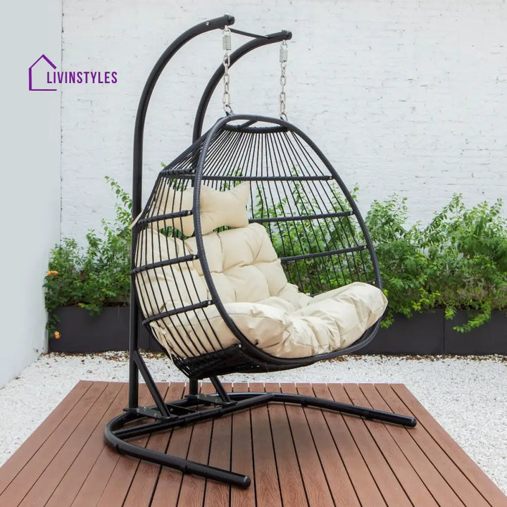 Tonia Double Seater Hanging Swing With Stand For Balcony Garden Swing (Black) Braided and Rope - Beige - Swings
