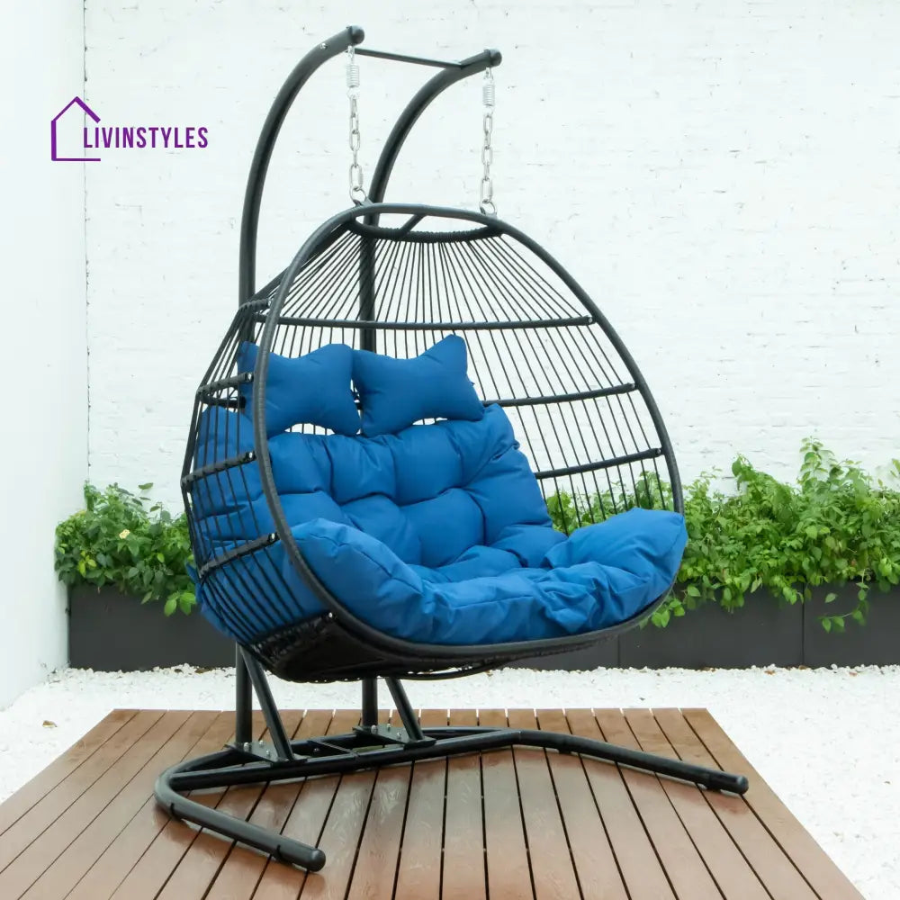 Tonia Double Seater Hanging Swing With Stand For Balcony Garden Swing (Black) Braided and Rope - Blue - Swings