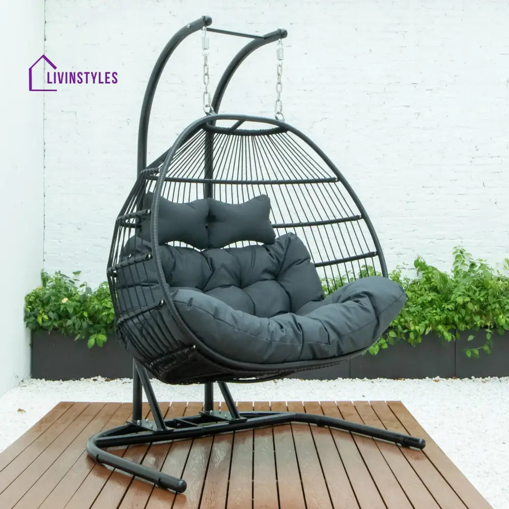Tonia Double Seater Hanging Swing With Stand For Balcony Garden Swing (Black) Braided and Rope - Charcoal - Swings
