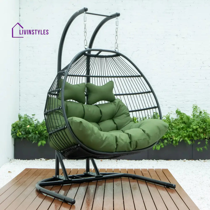 Tonia Double Seater Hanging Swing With Stand For Balcony Garden Swing (Black) Braided and Rope - Dark Green - Swings