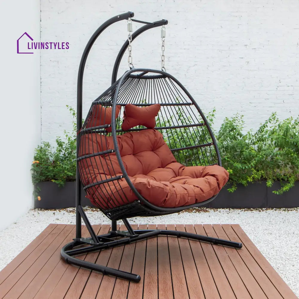 Tonia Double Seater Hanging Swing With Stand For Balcony Garden Swing (Black) Braided and Rope - Dark Orange - Swings