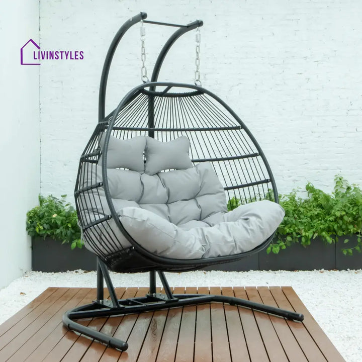 Tonia Double Seater Hanging Swing With Stand For Balcony Garden Swing (Black) Braided and Rope - Light Grey - Swings