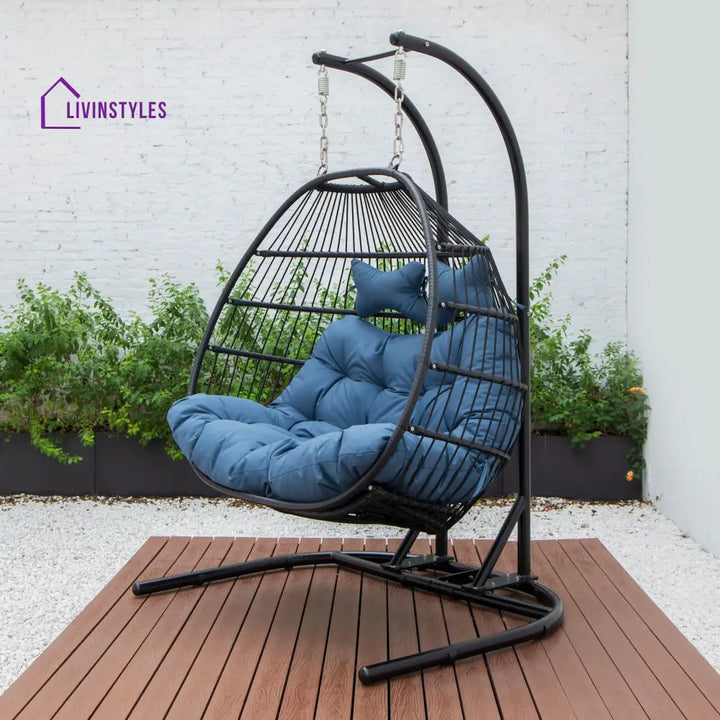 Tonia Double Seater Hanging Swing With Stand For Balcony Garden Swing (Black) Braided and Rope - Navy Blue - Swings