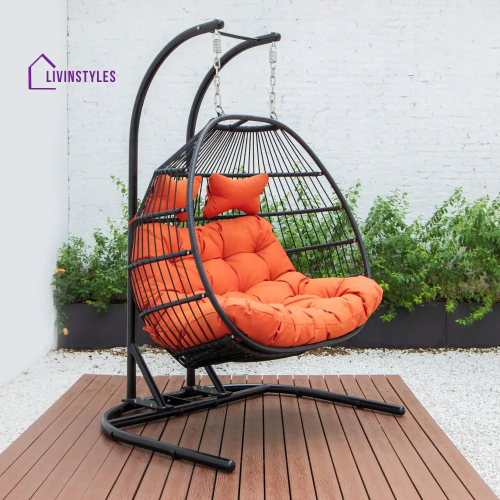 Tonia Double Seater Hanging Swing With Stand For Balcony Garden Swing (Black) Braided and Rope - Orange - Swings