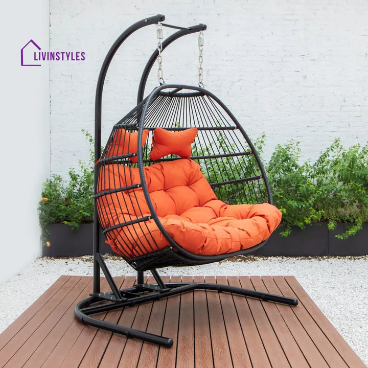Tonia Double Seater Hanging Swing With Stand For Balcony Garden Swing (Black) Braided and Rope - Orange - Swings