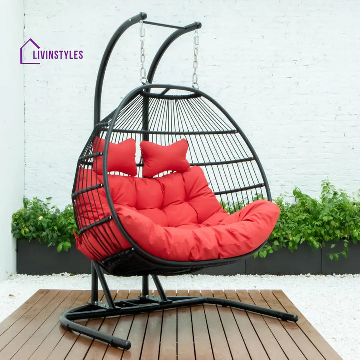 Tonia Double Seater Hanging Swing With Stand For Balcony Garden Swing (Black) Braided and Rope - Red - Swings