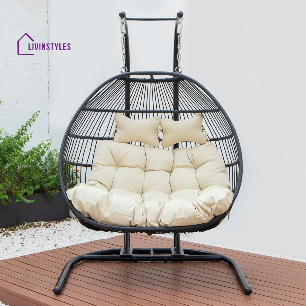 Tonia Double Seater Hanging Swing With Stand For Balcony Garden Swing (Black) Braided and Rope - Swings