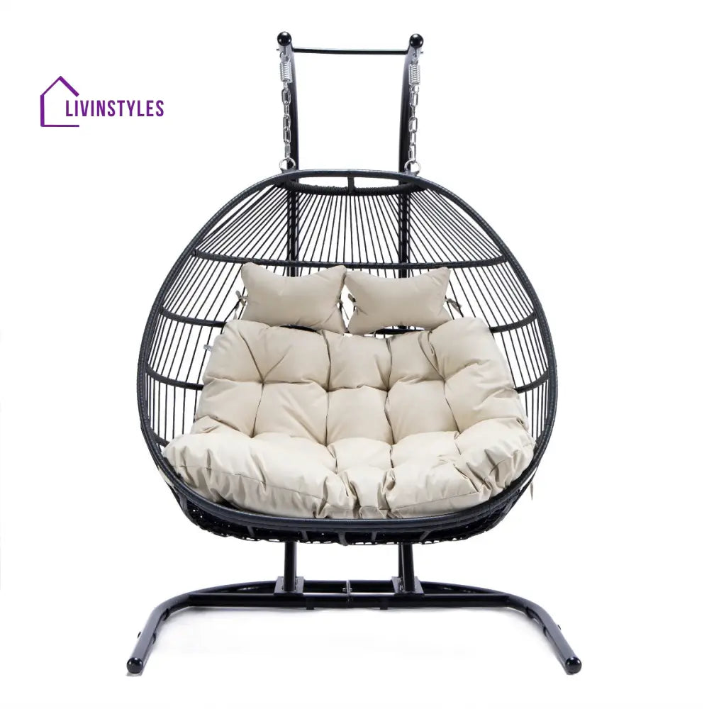 Tonia Double Seater Hanging Swing With Stand For Balcony Garden Swing (Black) Braided and Rope - Swings