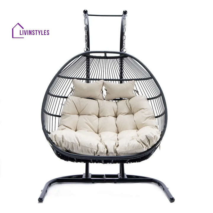 Tonia Double Seater Hanging Swing With Stand For Balcony Garden Swing (Black) Braided and Rope - Swings