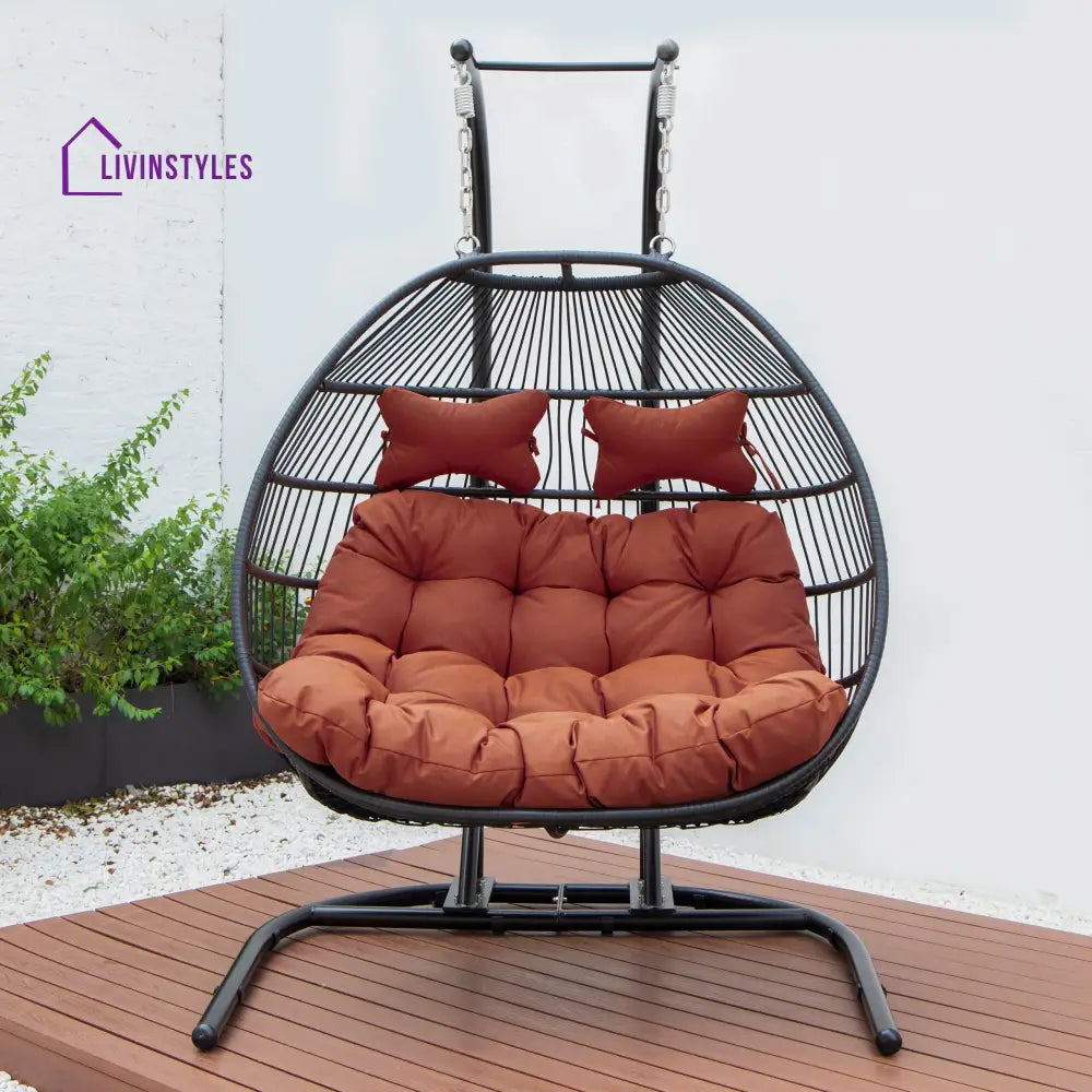 Tonia Double Seater Hanging Swing With Stand For Balcony Garden Swing (Black) Braided and Rope - Swings