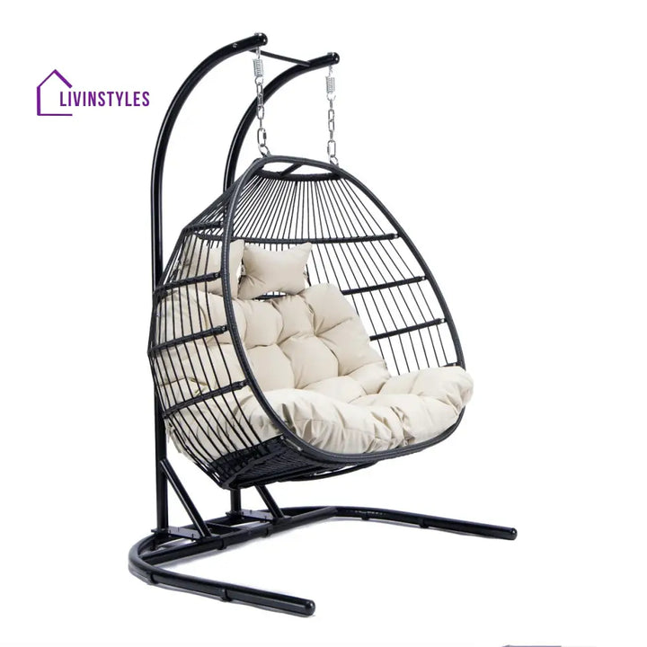 Tonia Double Seater Hanging Swing With Stand For Balcony Garden Swing (Black) Braided and Rope - Swings