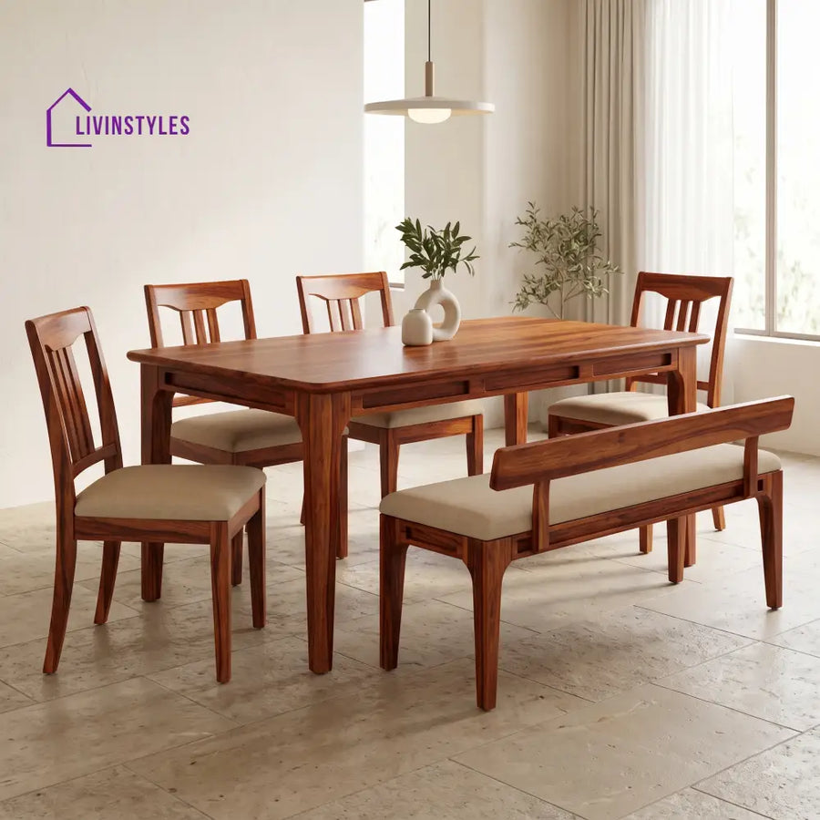 Toyin Wooden 6 Seater Dining Table Set | 4 Chairs and 1 Bench | Table 72 X 36 X 30 Inch
