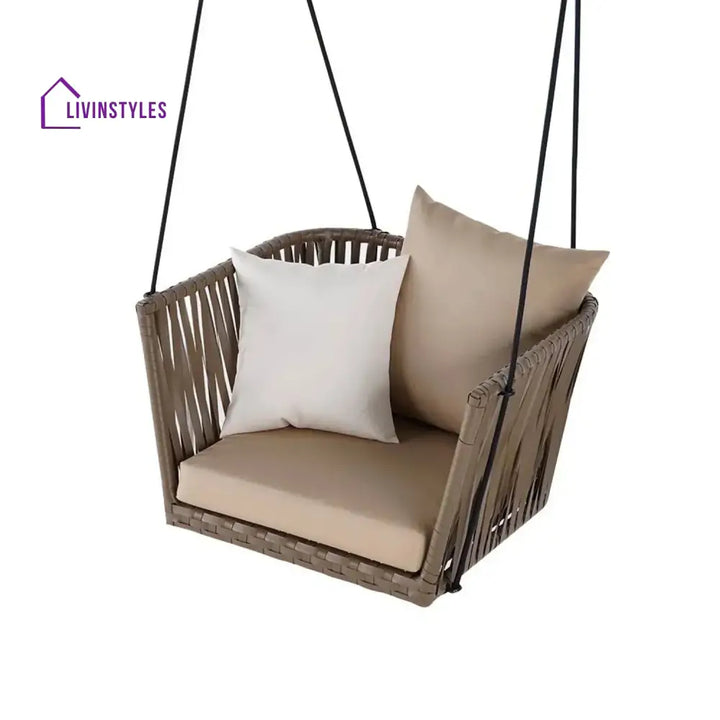 Traditional Porch Outdoor Rattan Garden Swing Chair with Beige Cushion - Swing