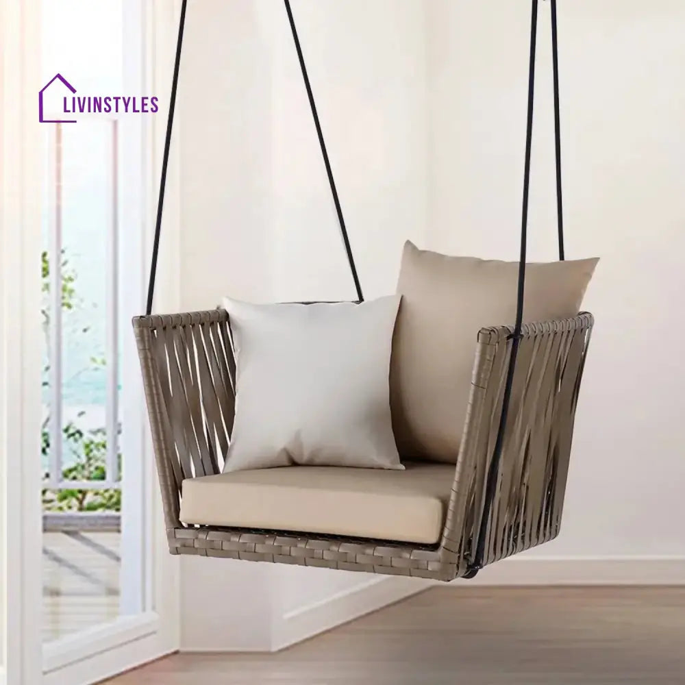 Traditional Porch Outdoor Rattan Garden Swing Chair with Beige Cushion - Swing