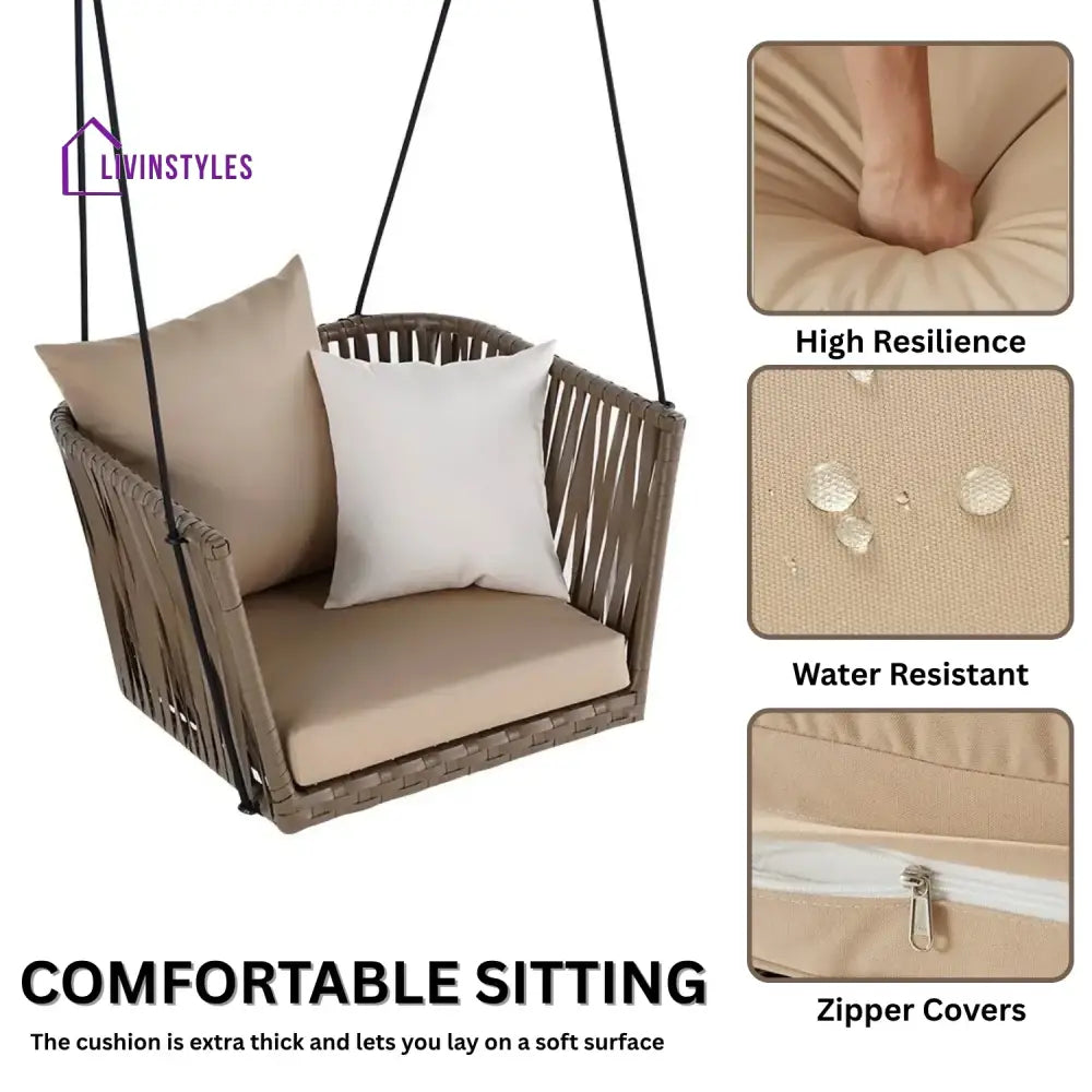 Traditional Porch Outdoor Rattan Garden Swing Chair with Beige Cushion - Swing