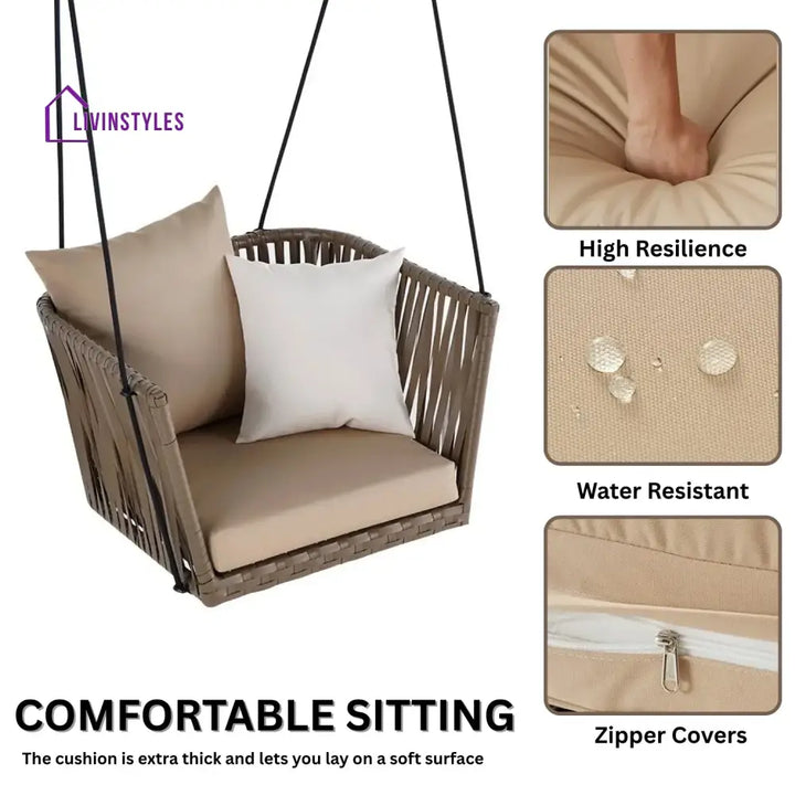 Traditional Porch Outdoor Rattan Garden Swing Chair with Beige Cushion - Swing