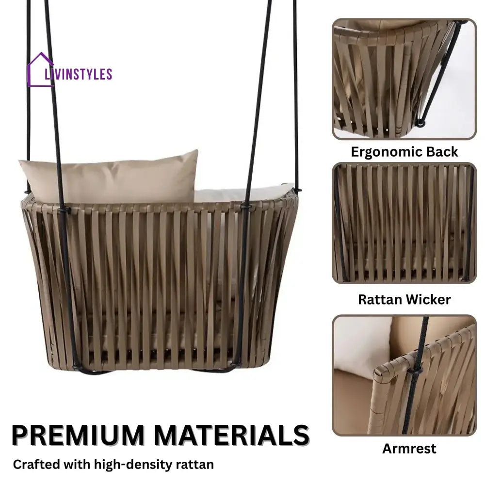 Traditional Porch Outdoor Rattan Garden Swing Chair with Beige Cushion - Swing
