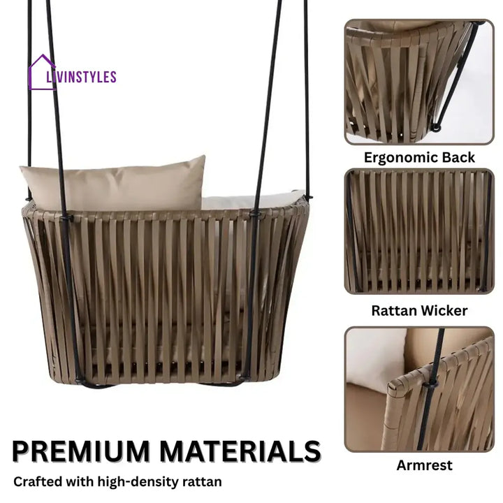 Traditional Porch Outdoor Rattan Garden Swing Chair with Beige Cushion - Swing