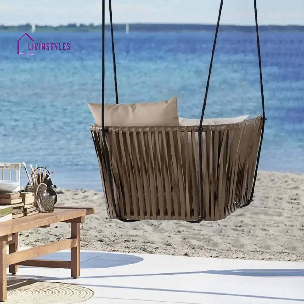 Traditional Porch Outdoor Rattan Garden Swing Chair with Beige Cushion - Swing