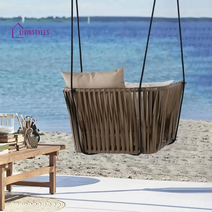 Traditional Porch Outdoor Rattan Garden Swing Chair with Beige Cushion - Swing