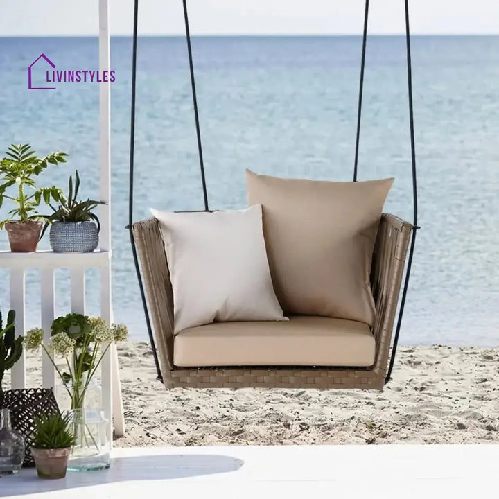 Traditional Porch Outdoor Rattan Garden Swing Chair with Beige Cushion - Swing
