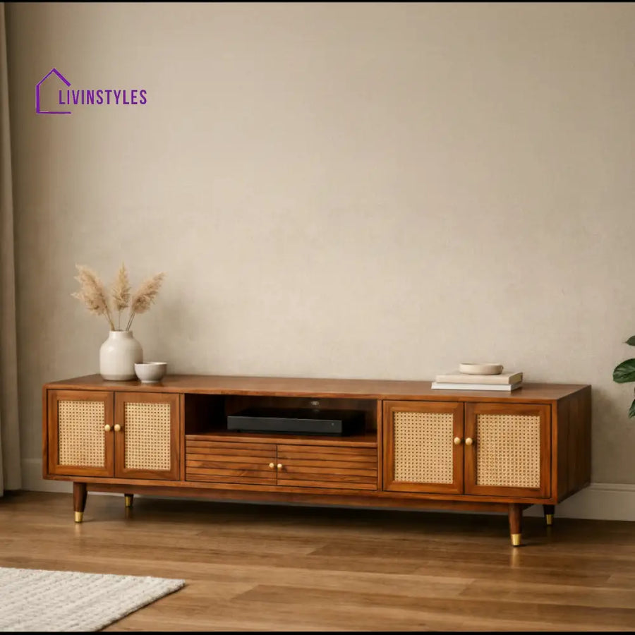 Tran Premium Solid Wood TV Unit with Cane Panel Cabinet