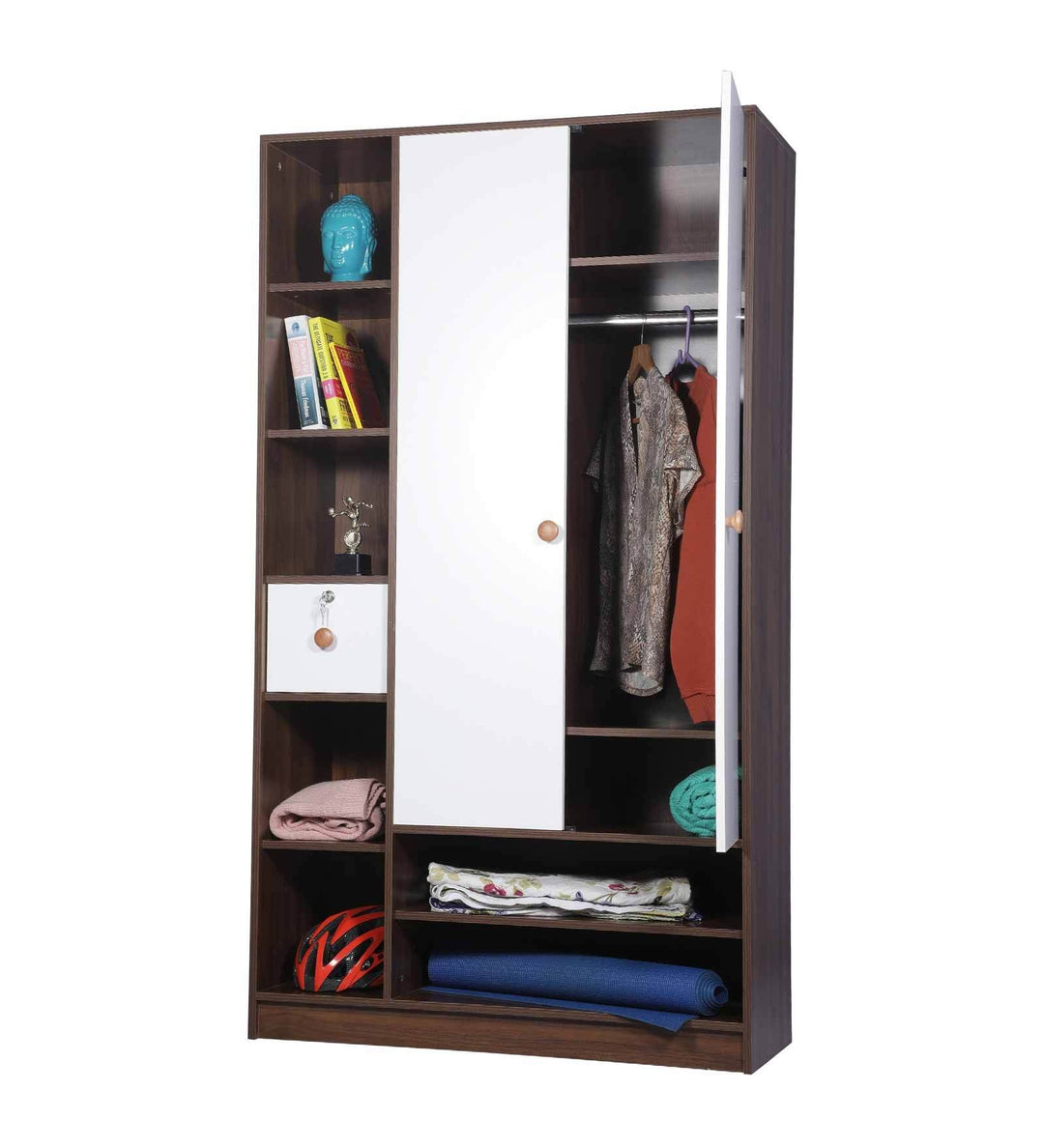 Omkarwood Vesta 2-Door Engineered Wood Wardrobe with Drawer & Open Shelves – Walnut & White Finish