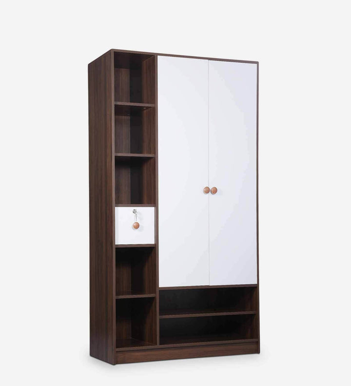 Omkarwood Vesta 2-Door Engineered Wood Wardrobe with Drawer & Open Shelves – Walnut & White Finish