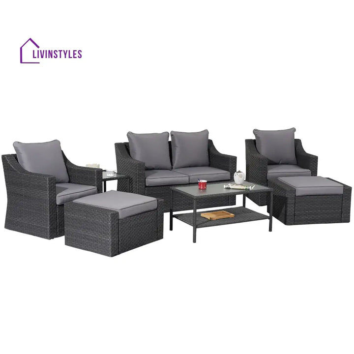 Tress Outdoor Garden Balcony Sofa Set 2 Seater 2 Single seater With 2 Ottoman 1 Center Table 1 Side Table Set (Black)