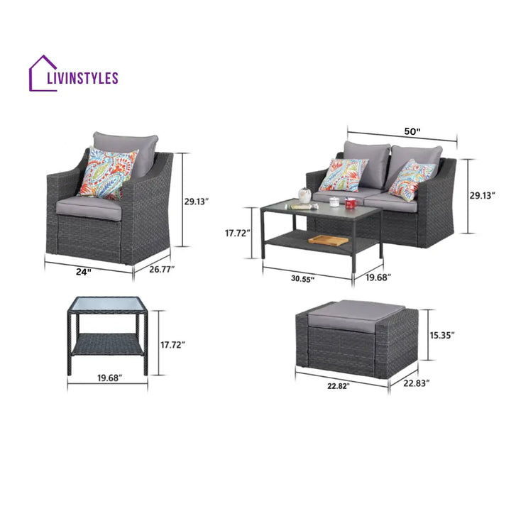 Tress Outdoor Garden Balcony Sofa Set 2 Seater 2 Single seater With 2 Ottoman 1 Center Table 1 Side Table Set (Black)