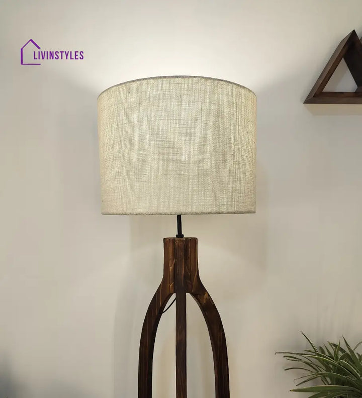 Trilogy Wooden Floor Lamp With Brown Base And Jute Fabric Lampshade Lamps