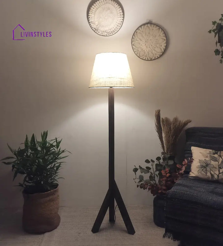 Trinca Wooden Floor Lamp With Brown Base And Jute Fabric Lampshade Lamps