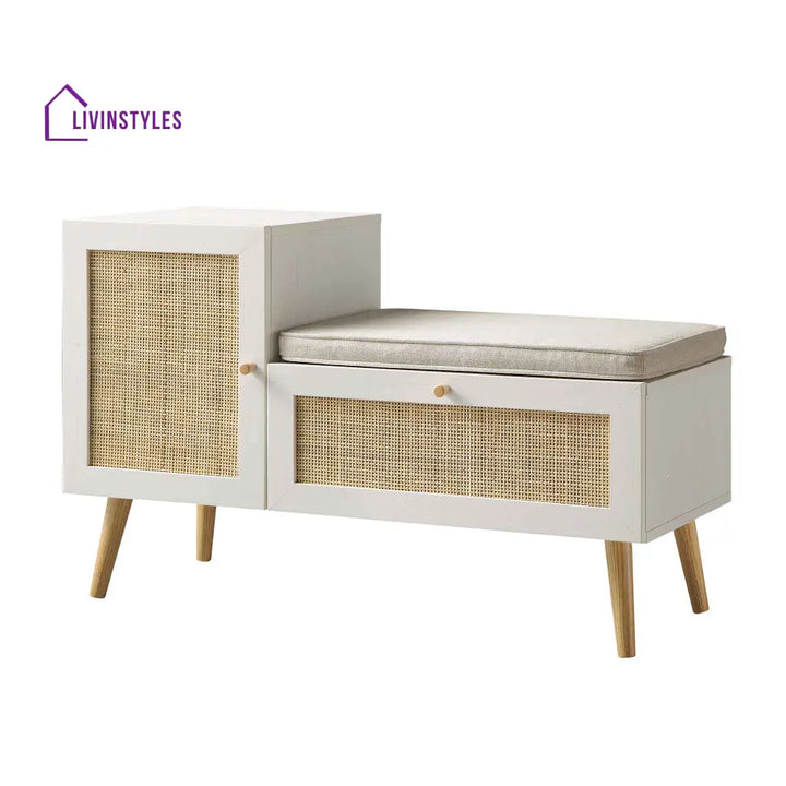 Frances Woven Rattan Storage Bench with Cushion White Cabinets & Chests