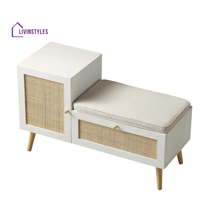 Frances Woven Rattan Storage Bench with Cushion White Cabinets & Chests