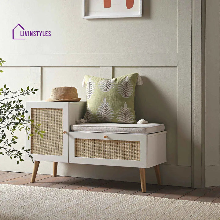 Frances Woven Rattan Storage Bench with Cushion White Cabinets & Chests