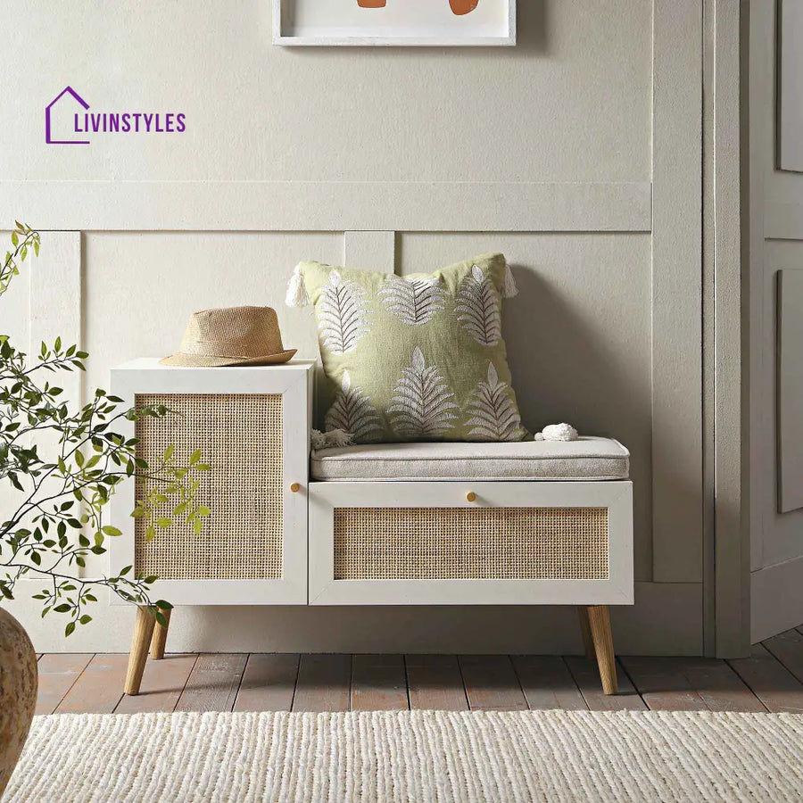 Frances Woven Rattan Storage Bench with Cushion White Cabinets & Chests